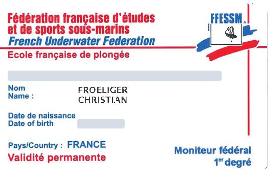 Carte de moniteur federal 1er degre de la FFESSM
