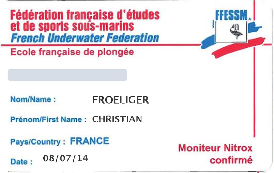 Carte de moniteur Nitrox confirme de la FFESSM